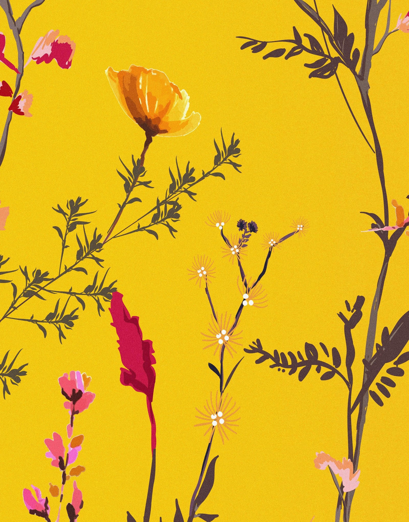 Mural de pared con jardín botánico de flores con fondo naranja amarillento. Decoración con flores en flor. #6355