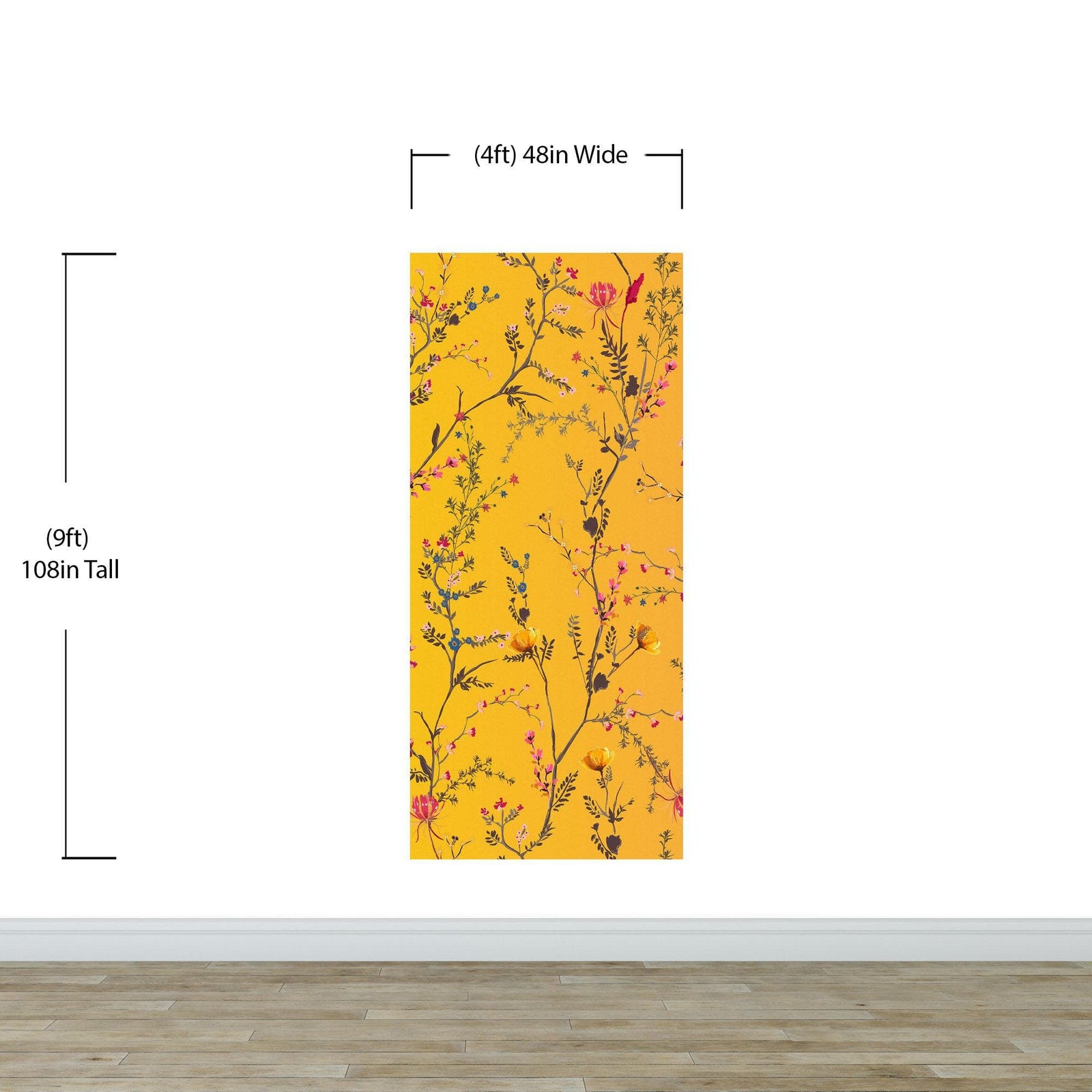 Mural de pared con jardín botánico de flores con fondo naranja amarillento. Decoración con flores en flor. #6355