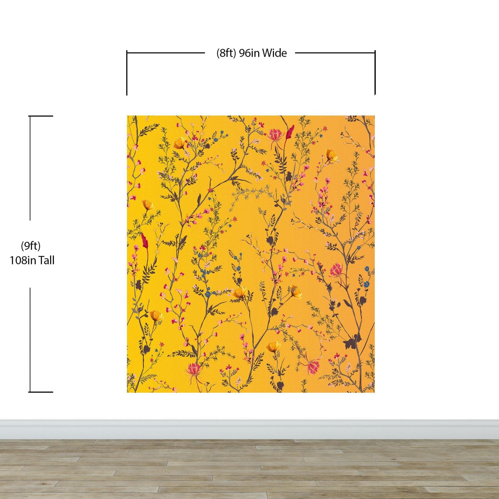 Mural de pared con jardín botánico de flores con fondo naranja amarillento. Decoración con flores en flor. #6355