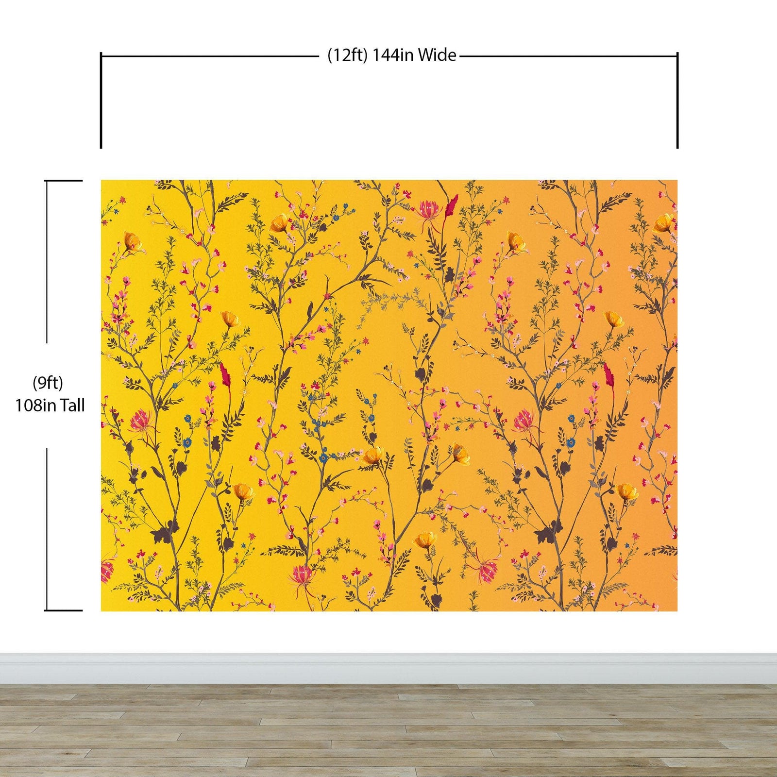 Mural de pared con jardín botánico de flores con fondo naranja amarillento. Decoración con flores en flor. #6355