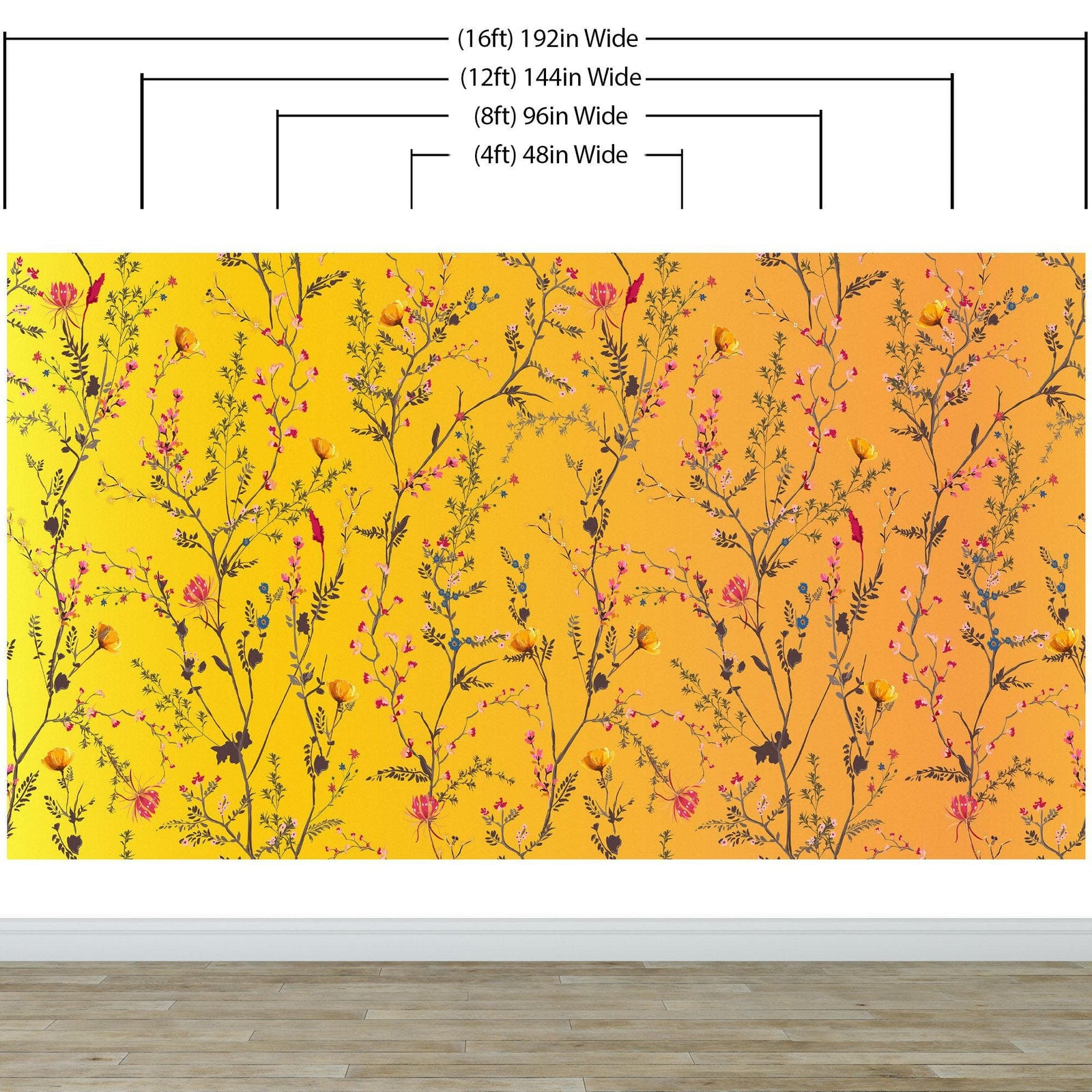 Mural de pared con jardín botánico de flores con fondo naranja amarillento. Decoración con flores en flor. #6355