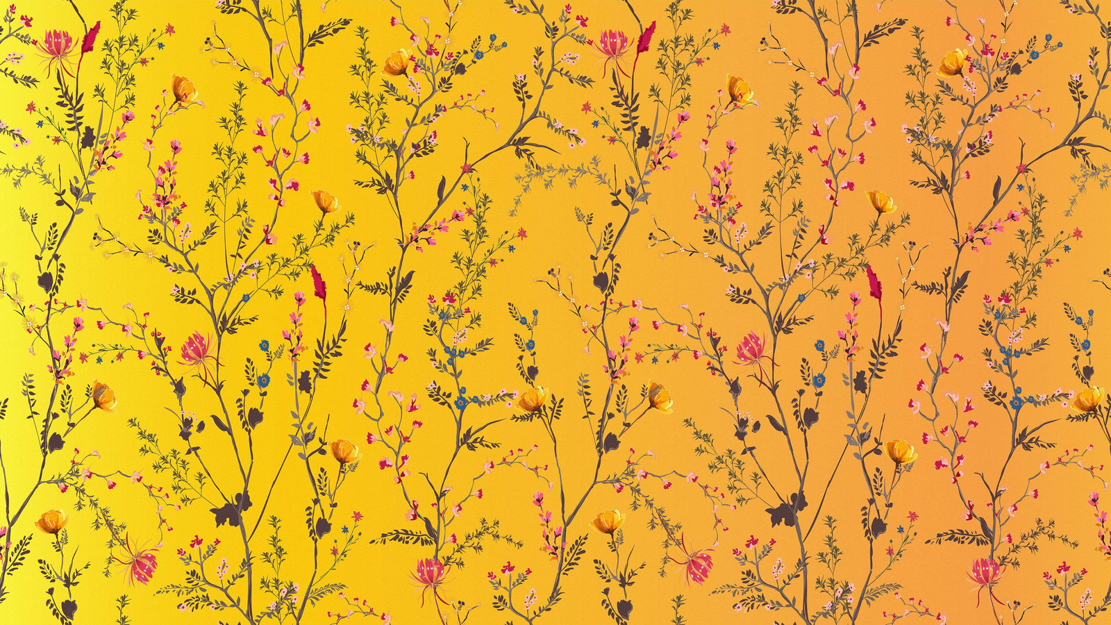 Mural de pared con jardín botánico de flores con fondo naranja amarillento. Decoración con flores en flor. #6355