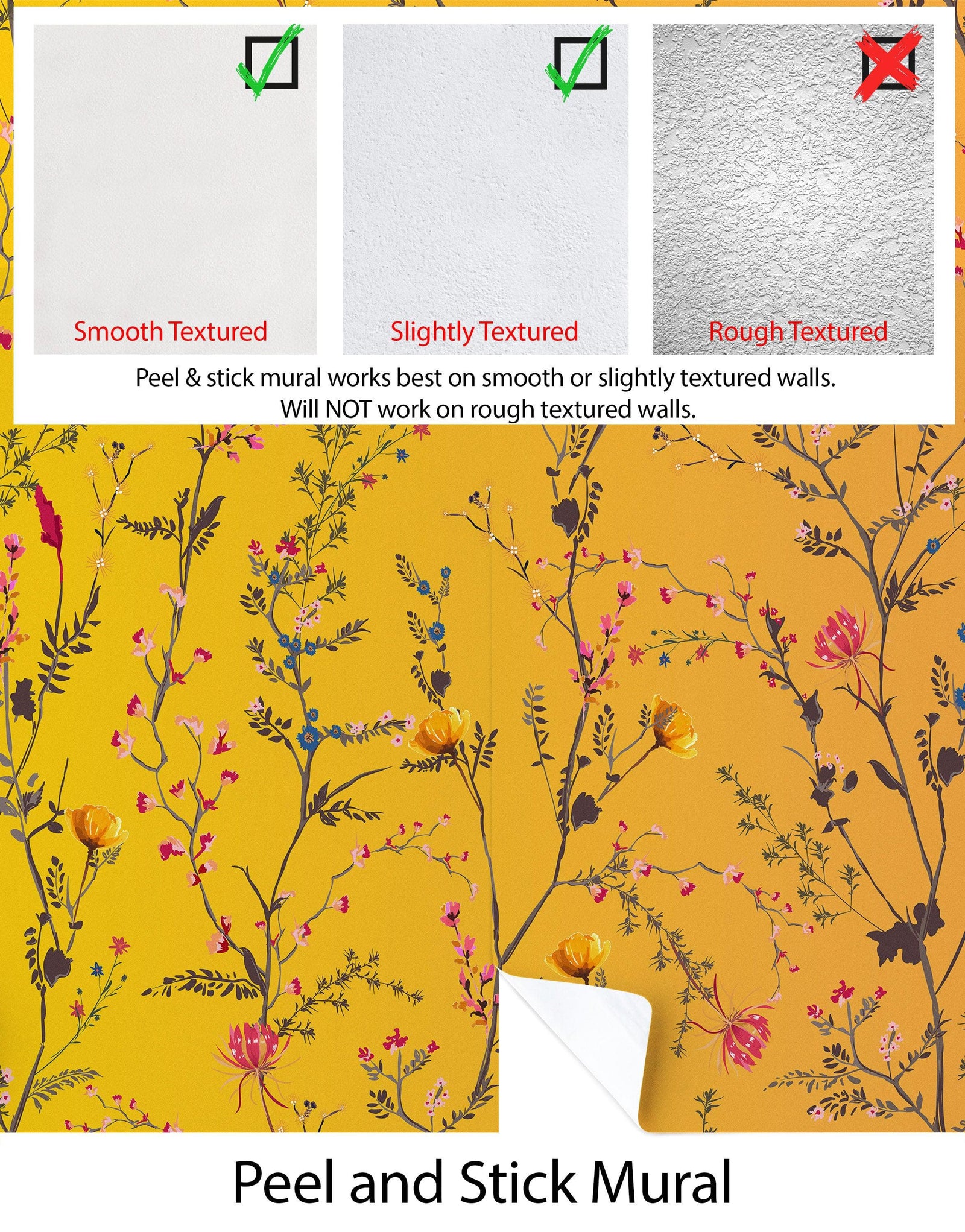 Mural de pared con jardín botánico de flores con fondo naranja amarillento. Decoración con flores en flor. #6355