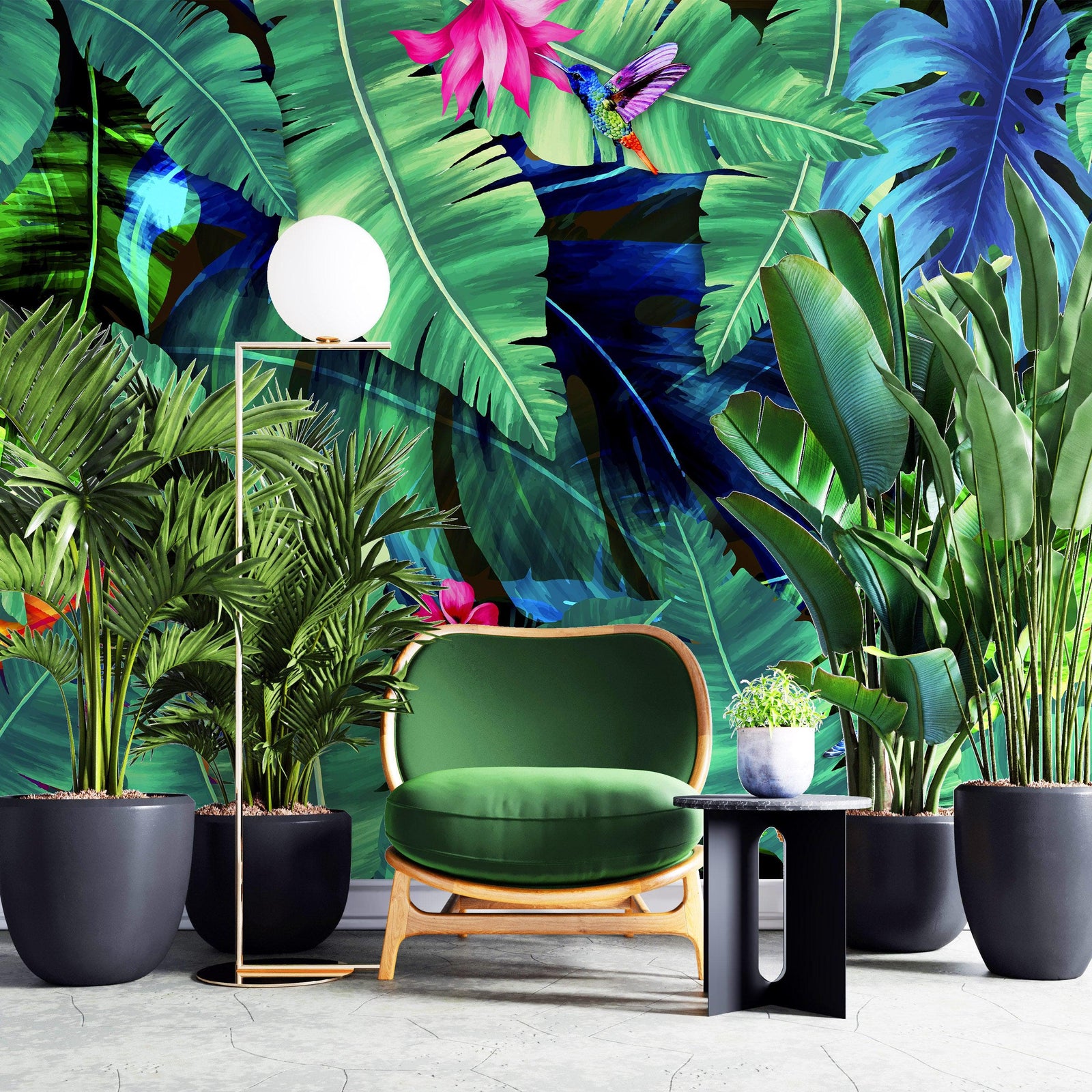 Fondo de pantalla de selva tropical con diseño de flores verdes y hojas de palmeras. #6357