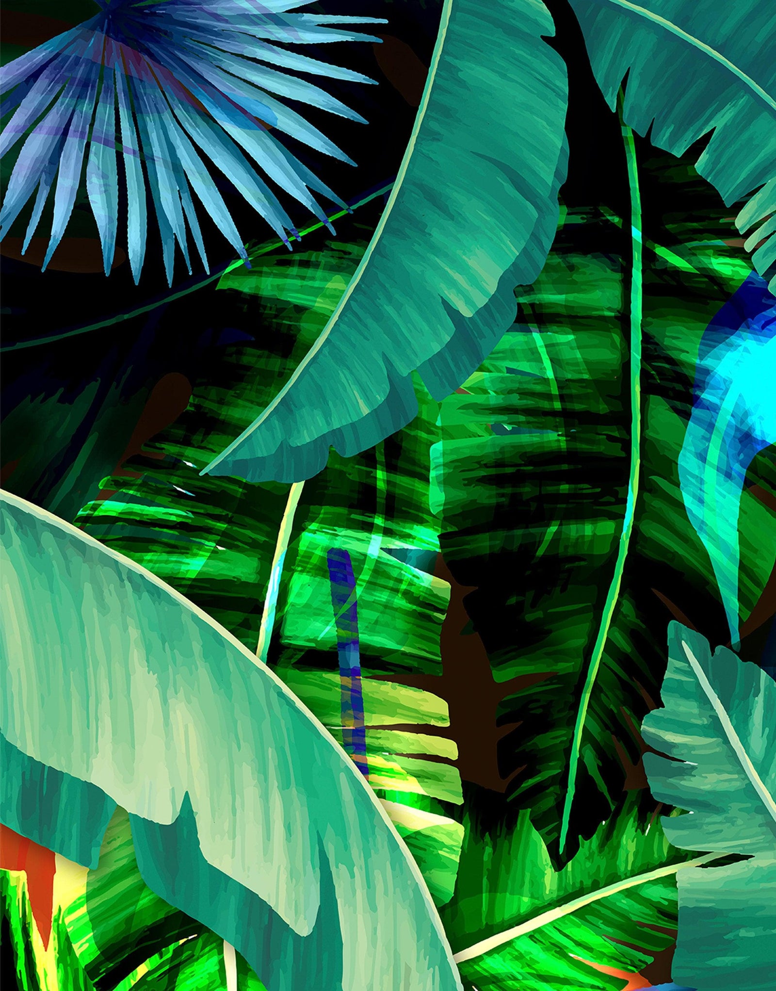 Fondo de pantalla de selva tropical con diseño de flores verdes y hojas de palmeras. #6357