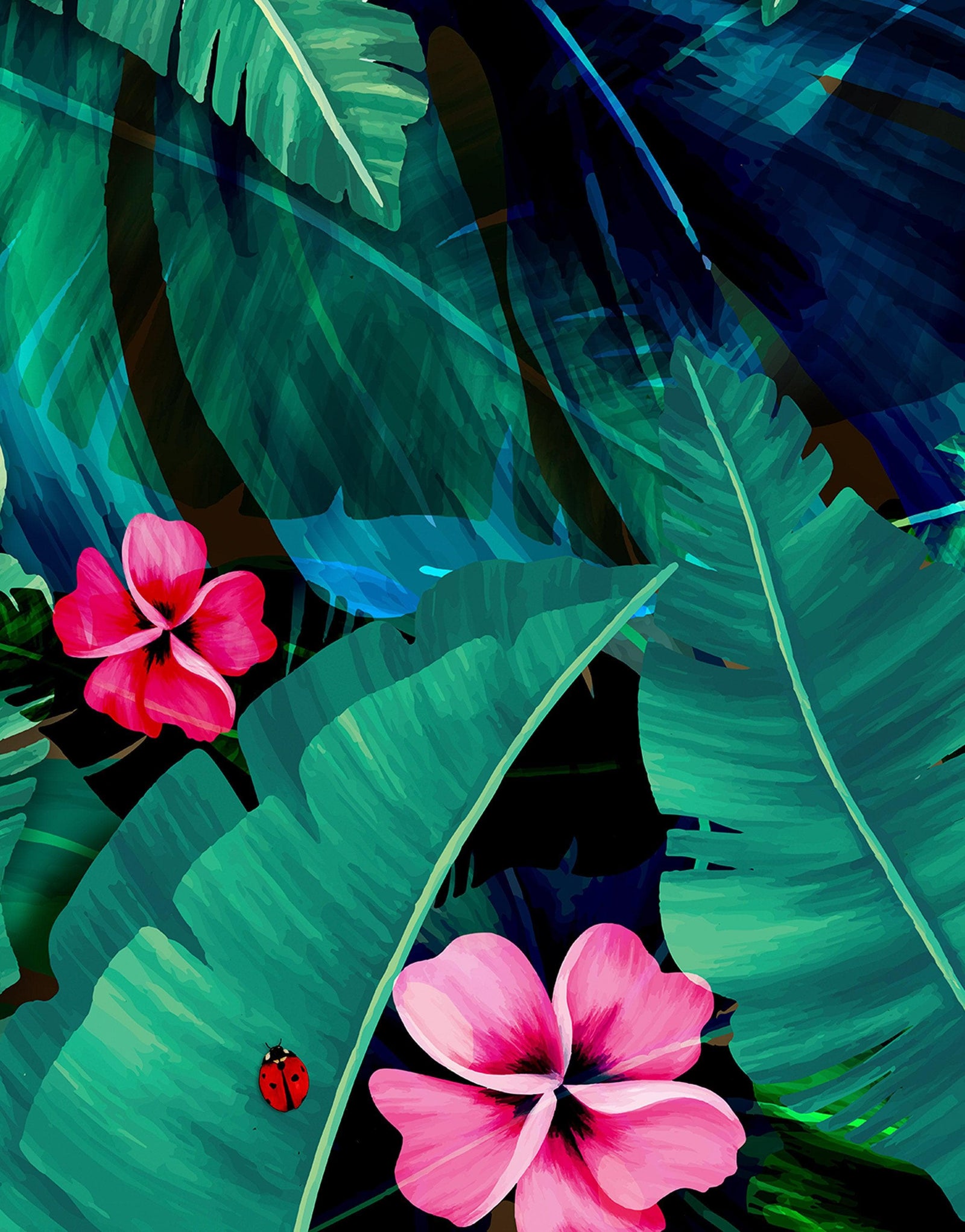 Fondo de pantalla de selva tropical con diseño de flores verdes y hojas de palmeras. #6357
