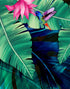 Fondo de pantalla de selva tropical con diseño de flores verdes y hojas de palmeras. #6357