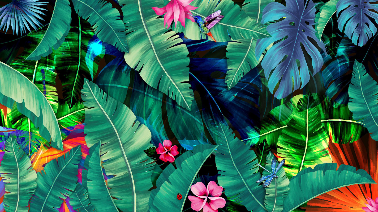 Fondo de pantalla de selva tropical con diseño de flores verdes y hojas de palmeras. #6357