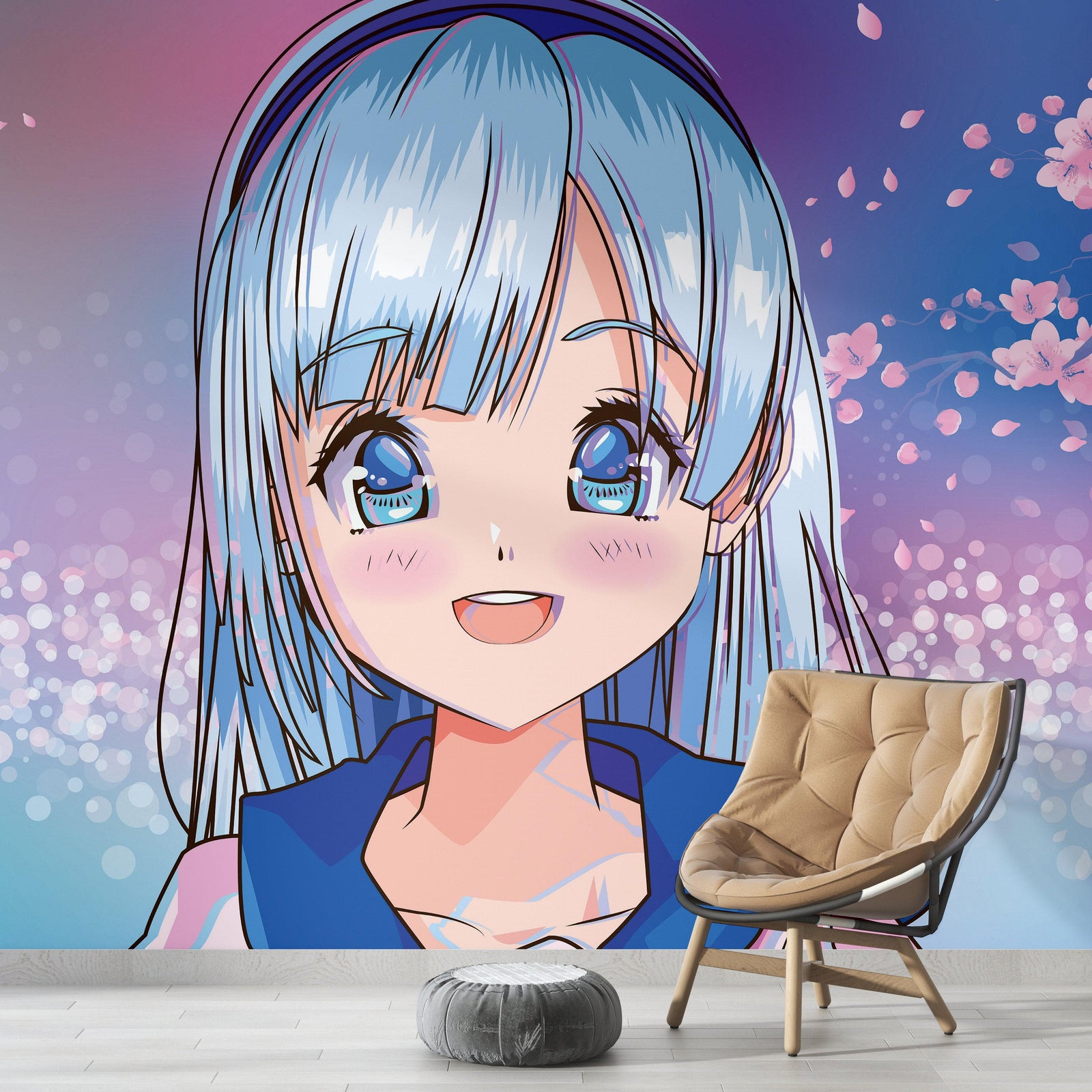 Mural de pared de una linda chica de anime. Diseño de animación de estilo japonés. #6360