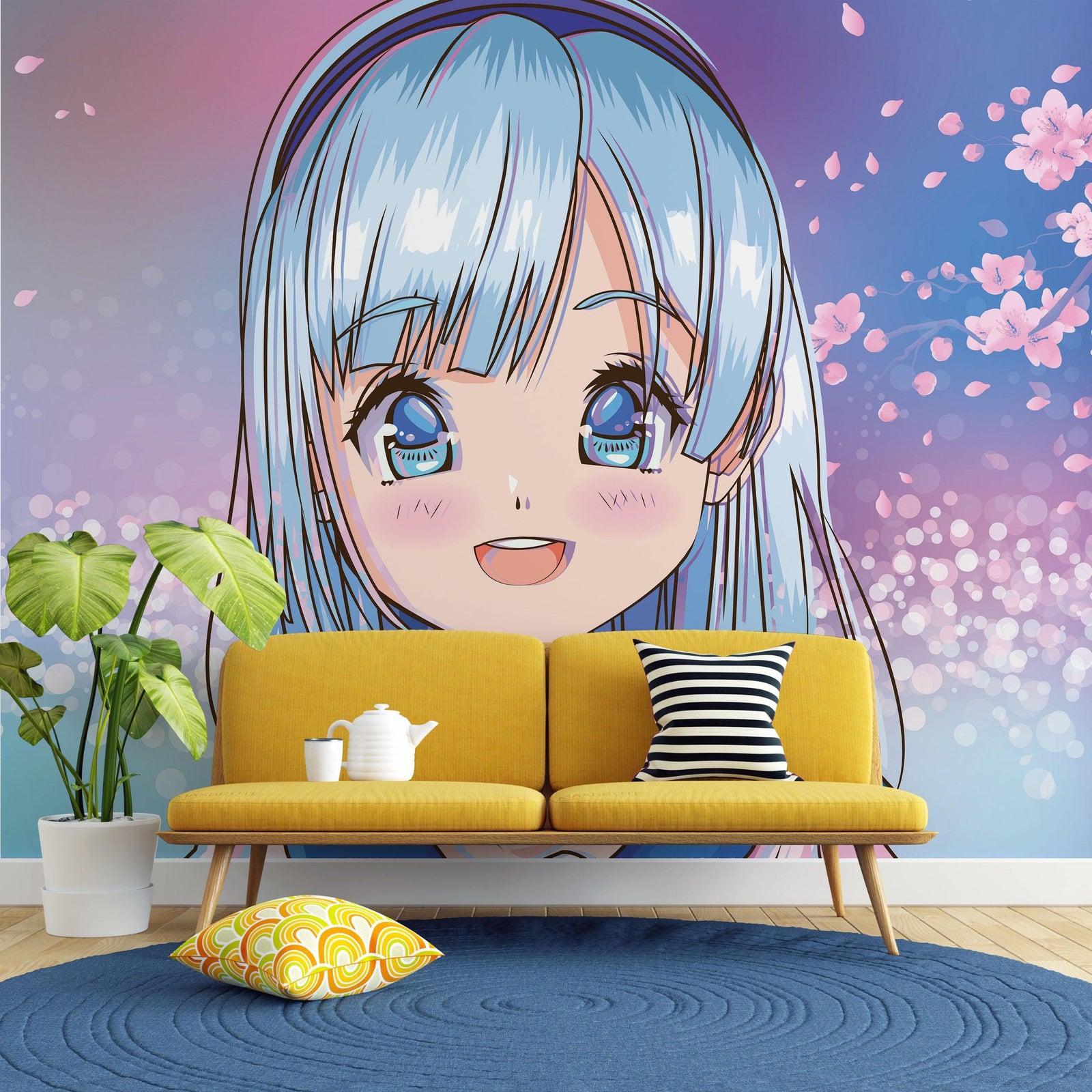 Mural de pared de una linda chica de anime. Diseño de animación de estilo japonés. #6360