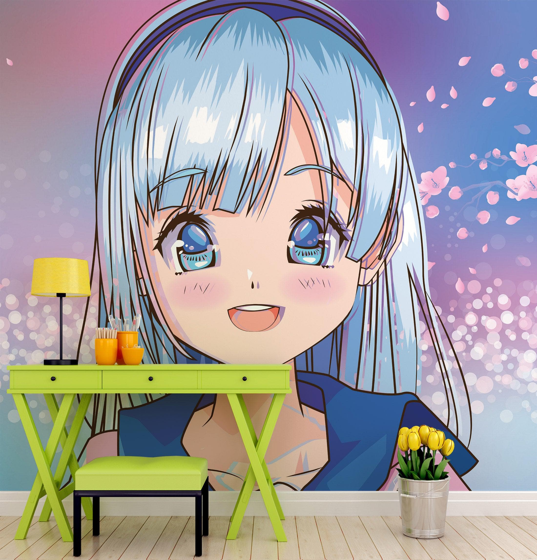 Mural de pared de una linda chica de anime. Diseño de animación de estilo japonés. #6360