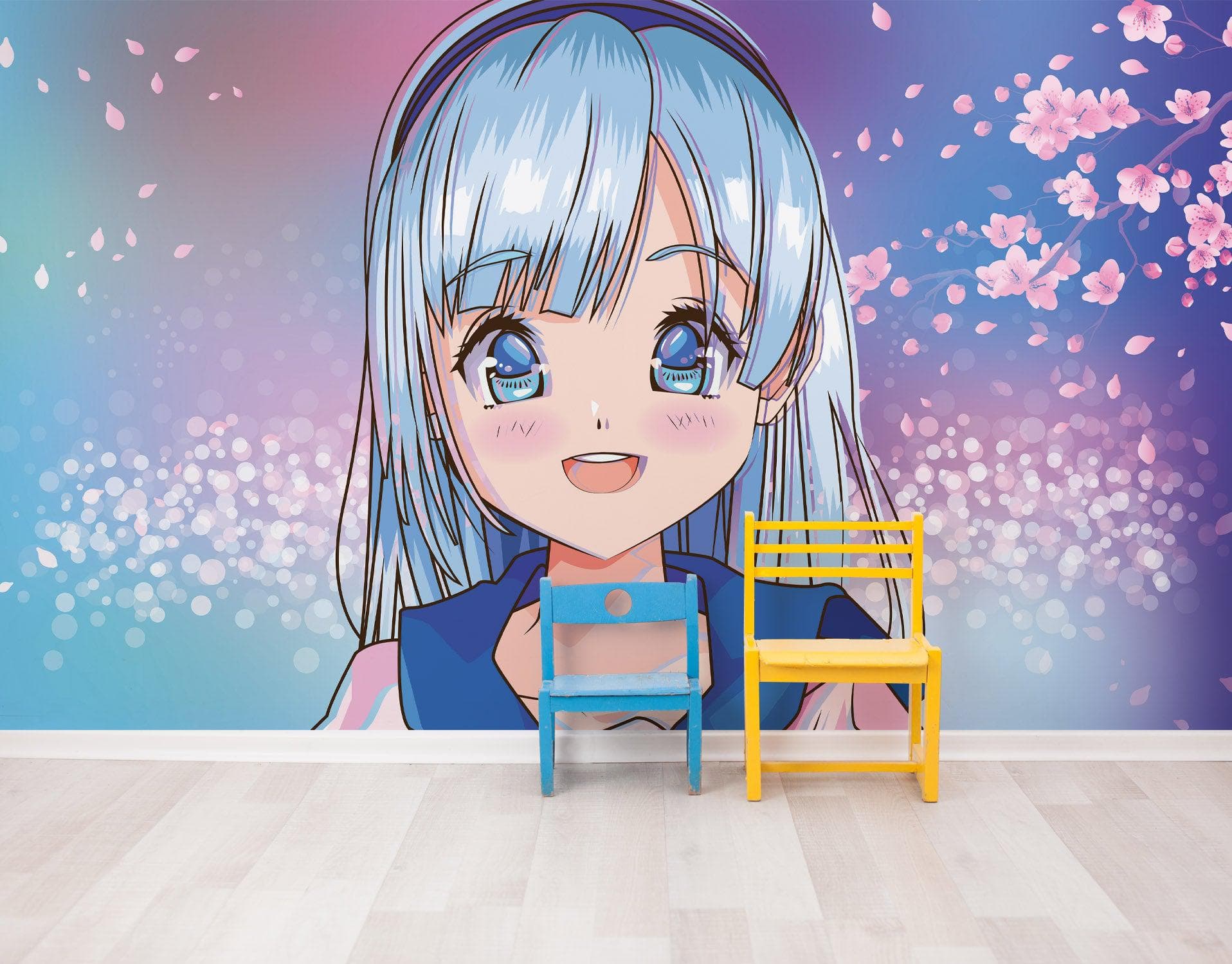 Mural de pared de una linda chica de anime. Diseño de animación de estilo japonés. #6360