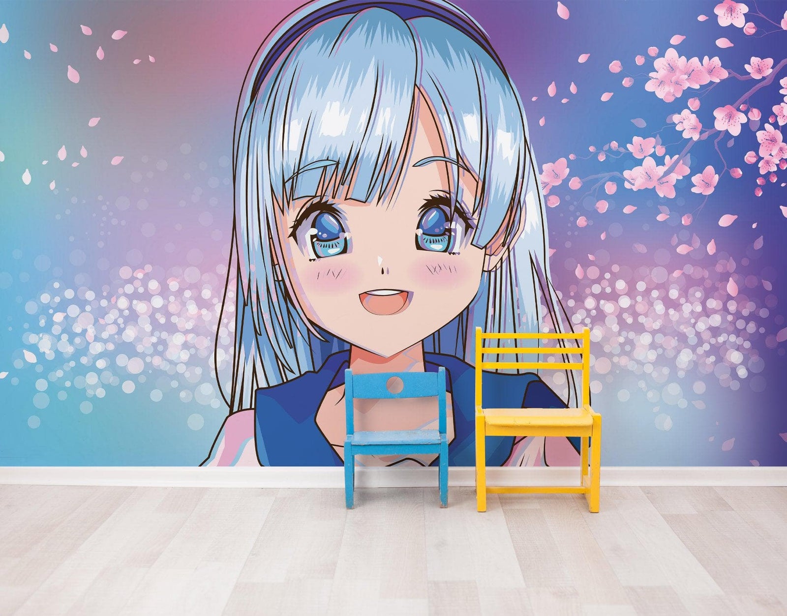 Mural de pared de una linda chica de anime. Diseño de animación de estilo japonés. #6360