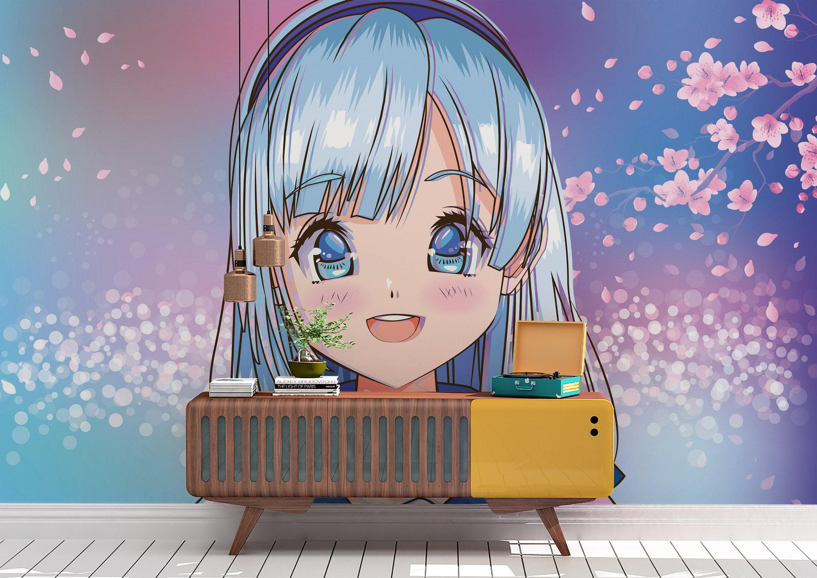 Mural de pared de una linda chica de anime. Diseño de animación de estilo japonés. #6360