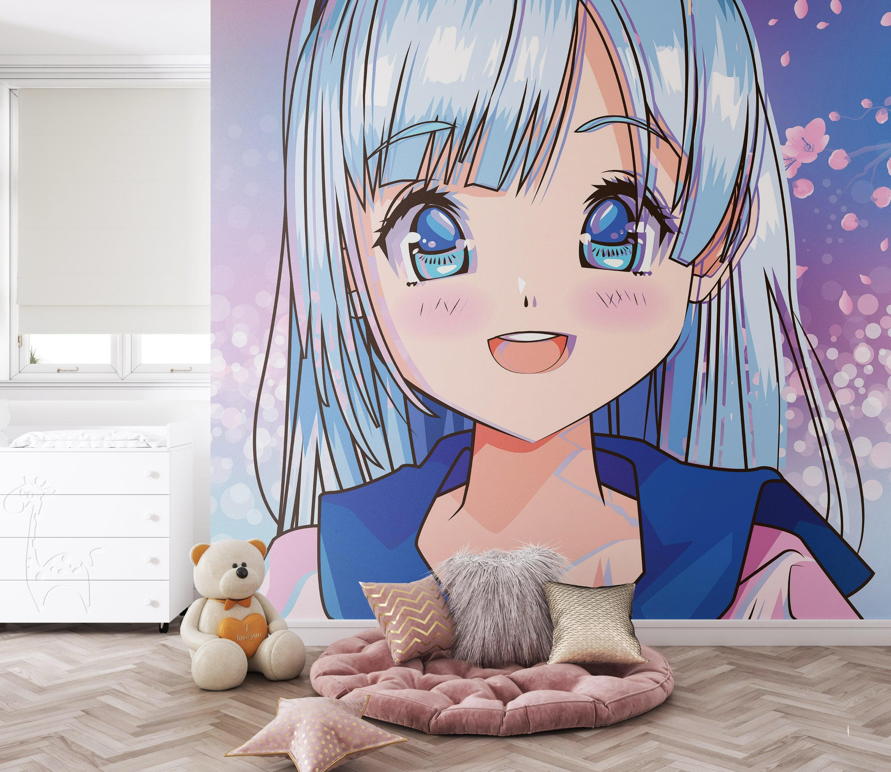 Mural de pared de una linda chica de anime. Diseño de animación de estilo japonés. #6360