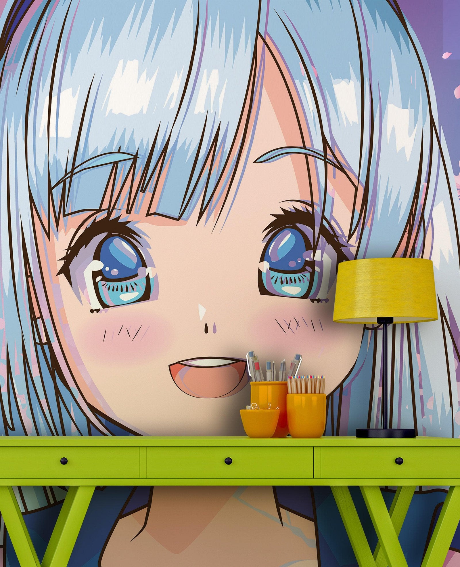 Mural de pared de una linda chica de anime. Diseño de animación de estilo japonés. #6360