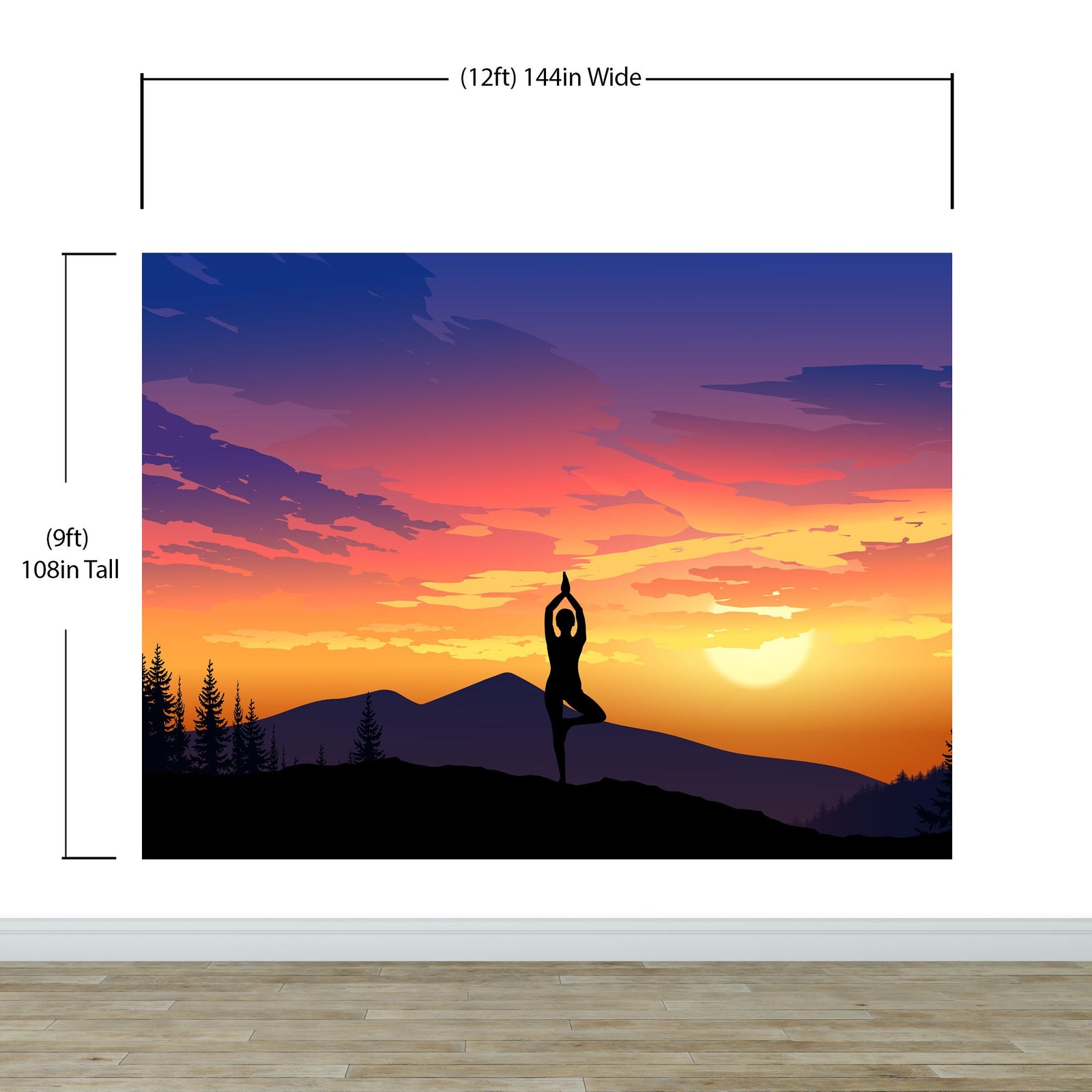 Mural de pared con vista a la montaña y meditación de yoga. Papel tapiz autoadhesivo con diseño de amanecer tranquilo. N.º 6364