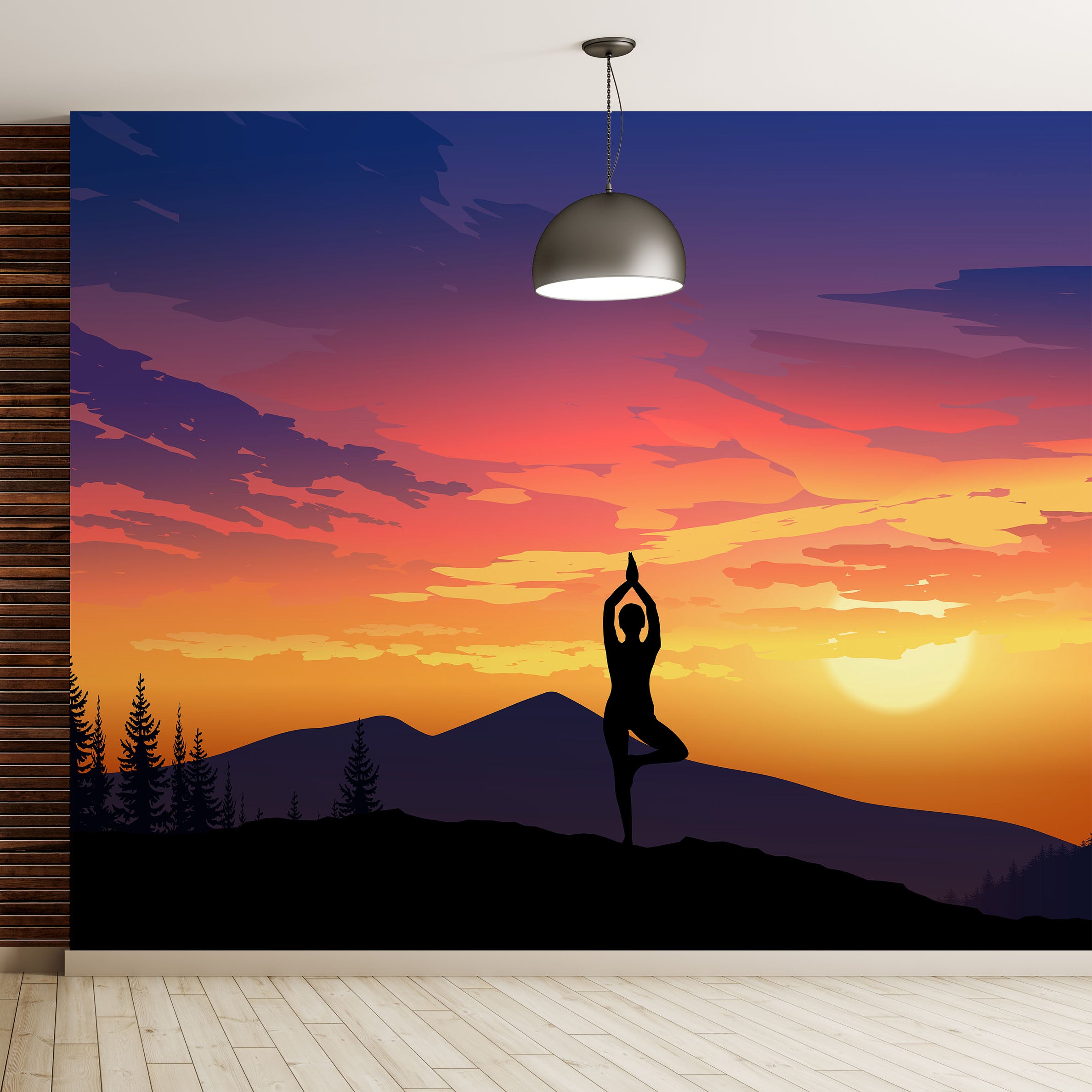 Mural de pared con vista a la montaña y meditación de yoga. Papel tapiz autoadhesivo con diseño de amanecer tranquilo. N.º 6364