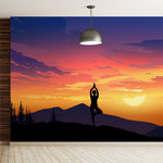 Mural de pared con vista a la montaña y meditación de yoga. Papel tapiz autoadhesivo con diseño de amanecer tranquilo. N.º 6364