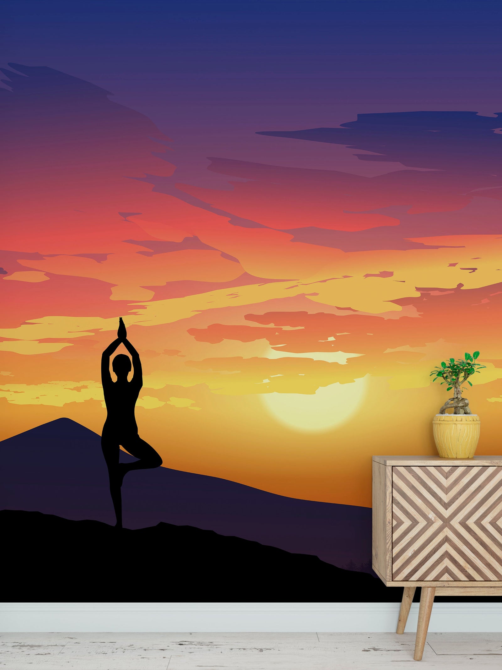 Mural de pared con vista a la montaña y meditación de yoga. Papel tapiz autoadhesivo con diseño de amanecer tranquilo. N.º 6364