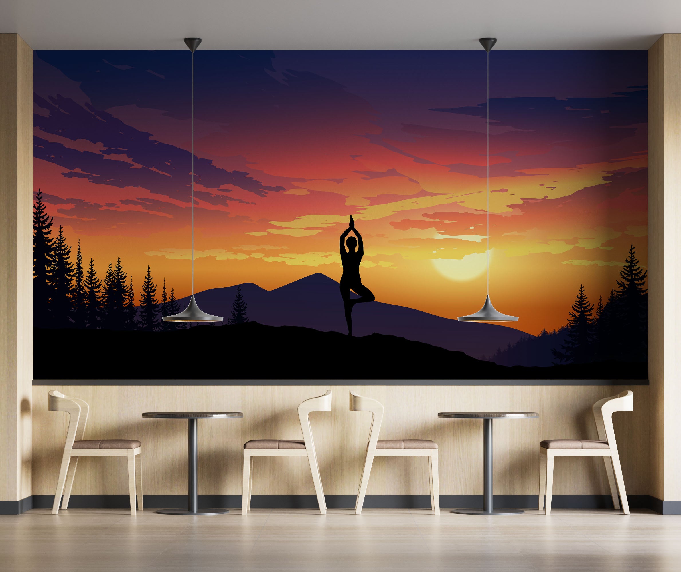 Mural de pared con vista a la montaña y meditación de yoga. Papel tapiz autoadhesivo con diseño de amanecer tranquilo. N.º 6364