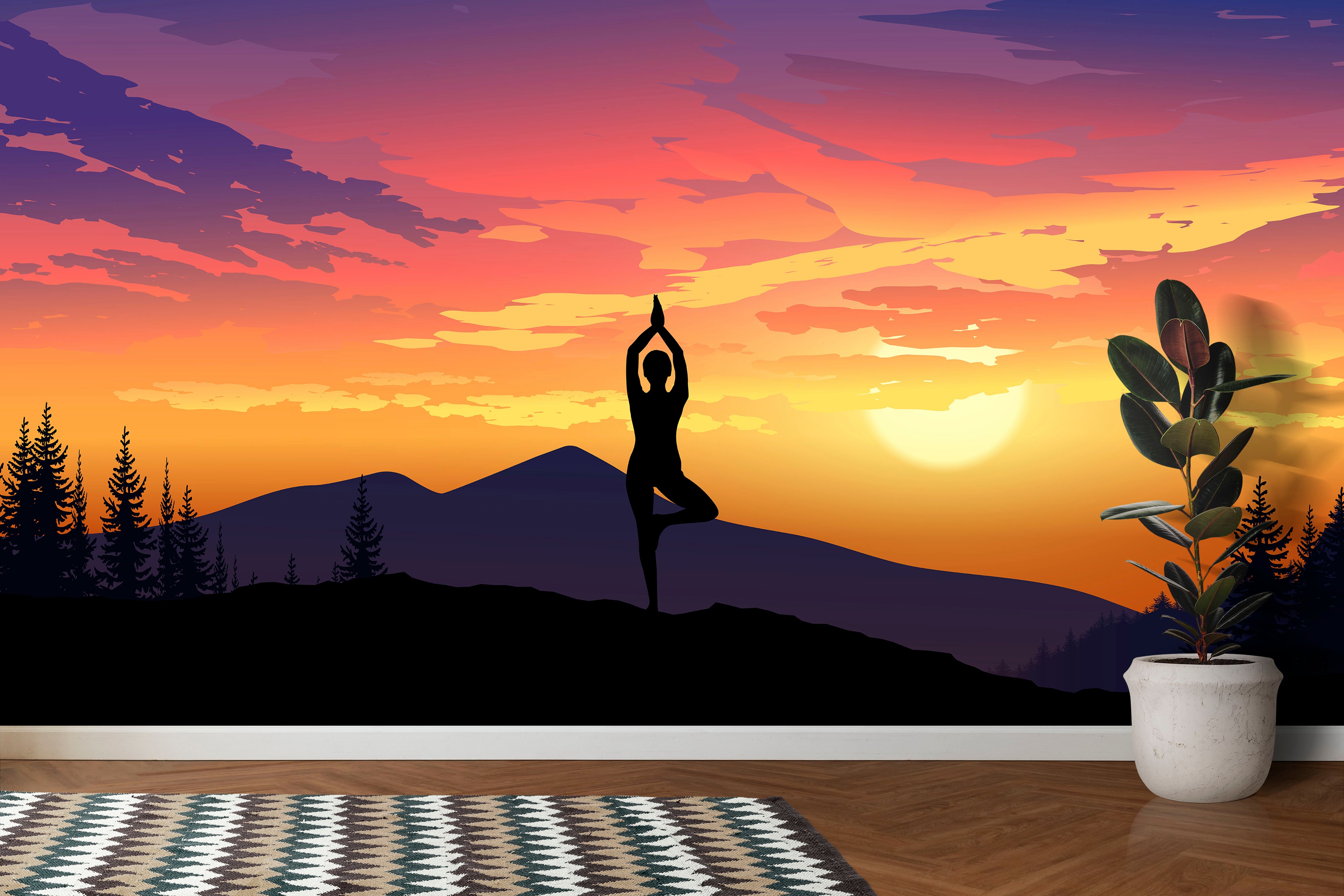 Mural de pared con vista a la montaña y meditación de yoga. Papel tapiz autoadhesivo con diseño de amanecer tranquilo. N.º 6364