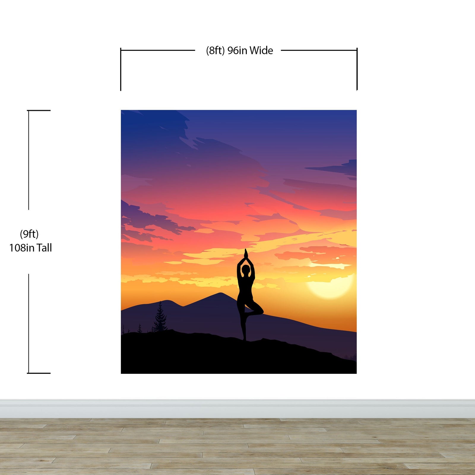Mural de pared con vista a la montaña y meditación de yoga. Papel tapiz autoadhesivo con diseño de amanecer tranquilo. N.º 6364