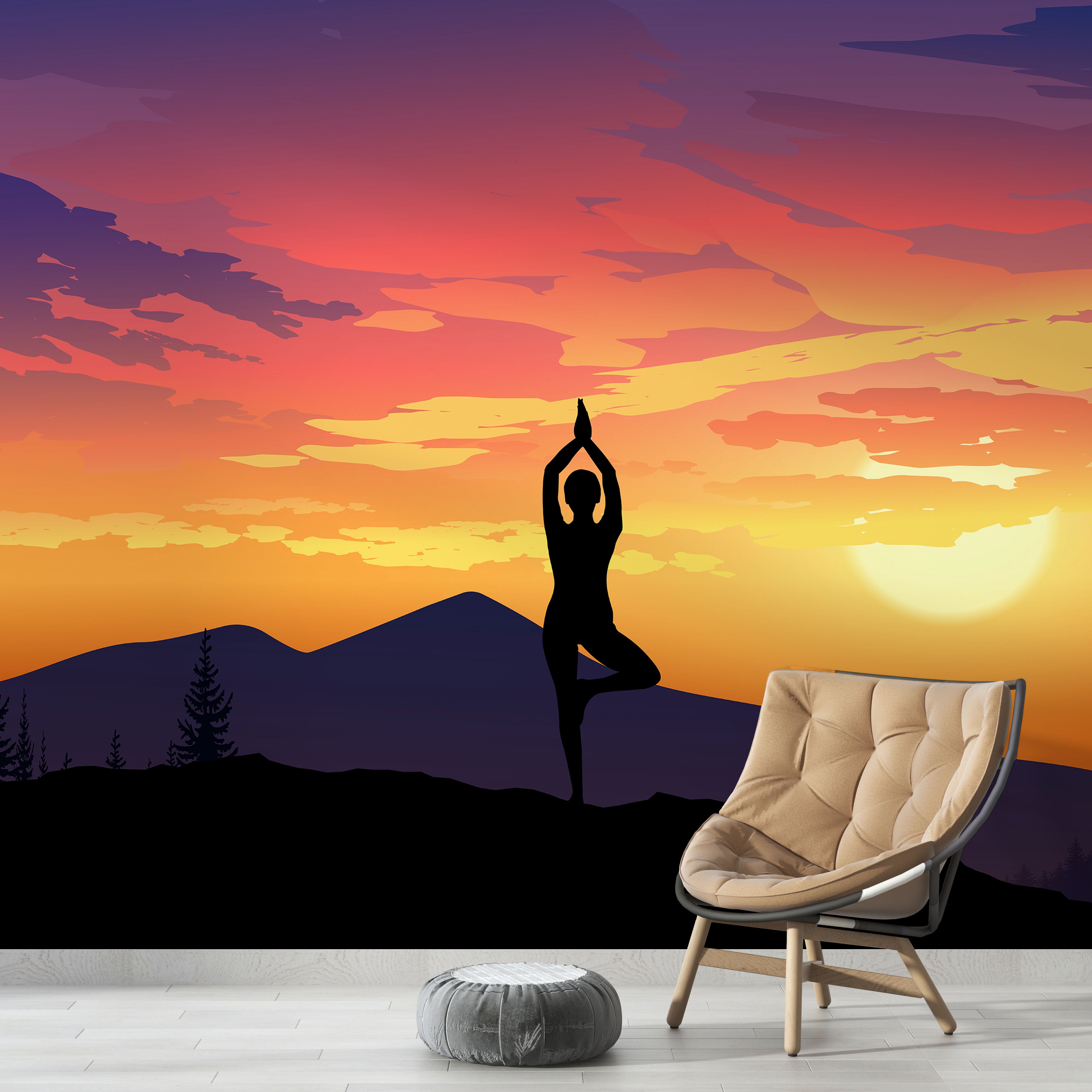 Mural de pared con vista a la montaña y meditación de yoga. Papel tapiz autoadhesivo con diseño de amanecer tranquilo. N.º 6364
