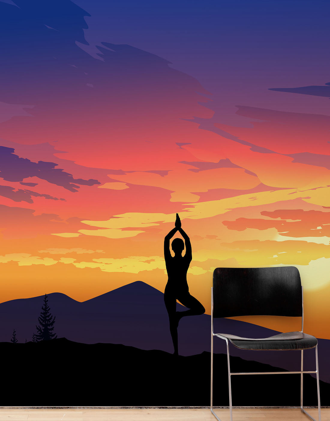 Mural de pared con vista a la montaña y meditación de yoga. Papel tapiz autoadhesivo con diseño de amanecer tranquilo. N.º 6364