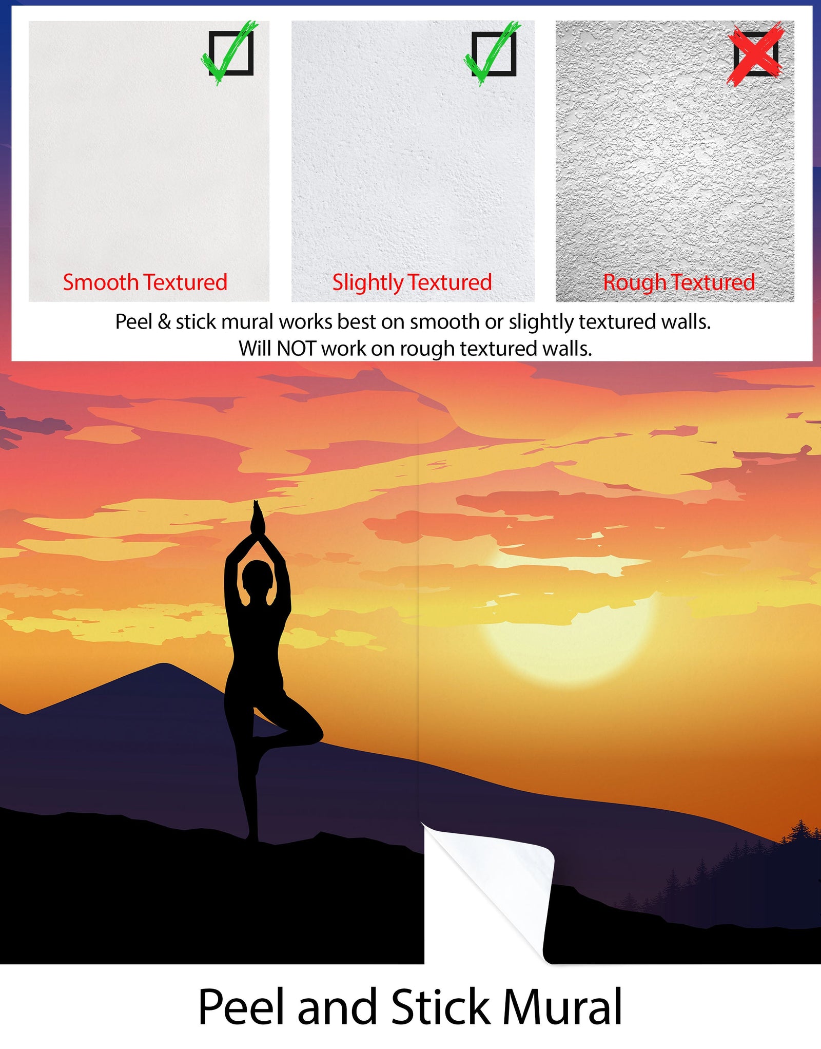 Mural de pared con vista a la montaña y meditación de yoga. Papel tapiz autoadhesivo con diseño de amanecer tranquilo. N.º 6364