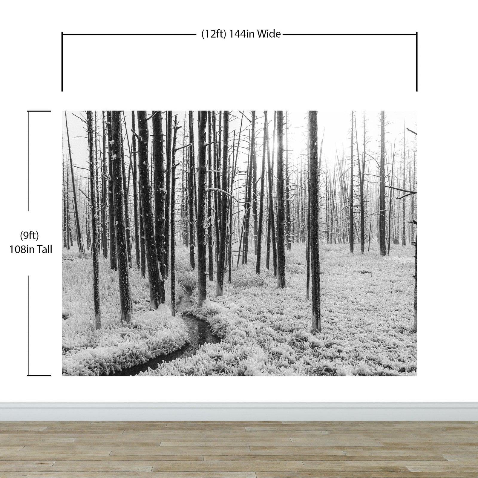 Mural de pared con paisaje forestal en blanco y negro. Papel pintado autoadhesivo. #6365