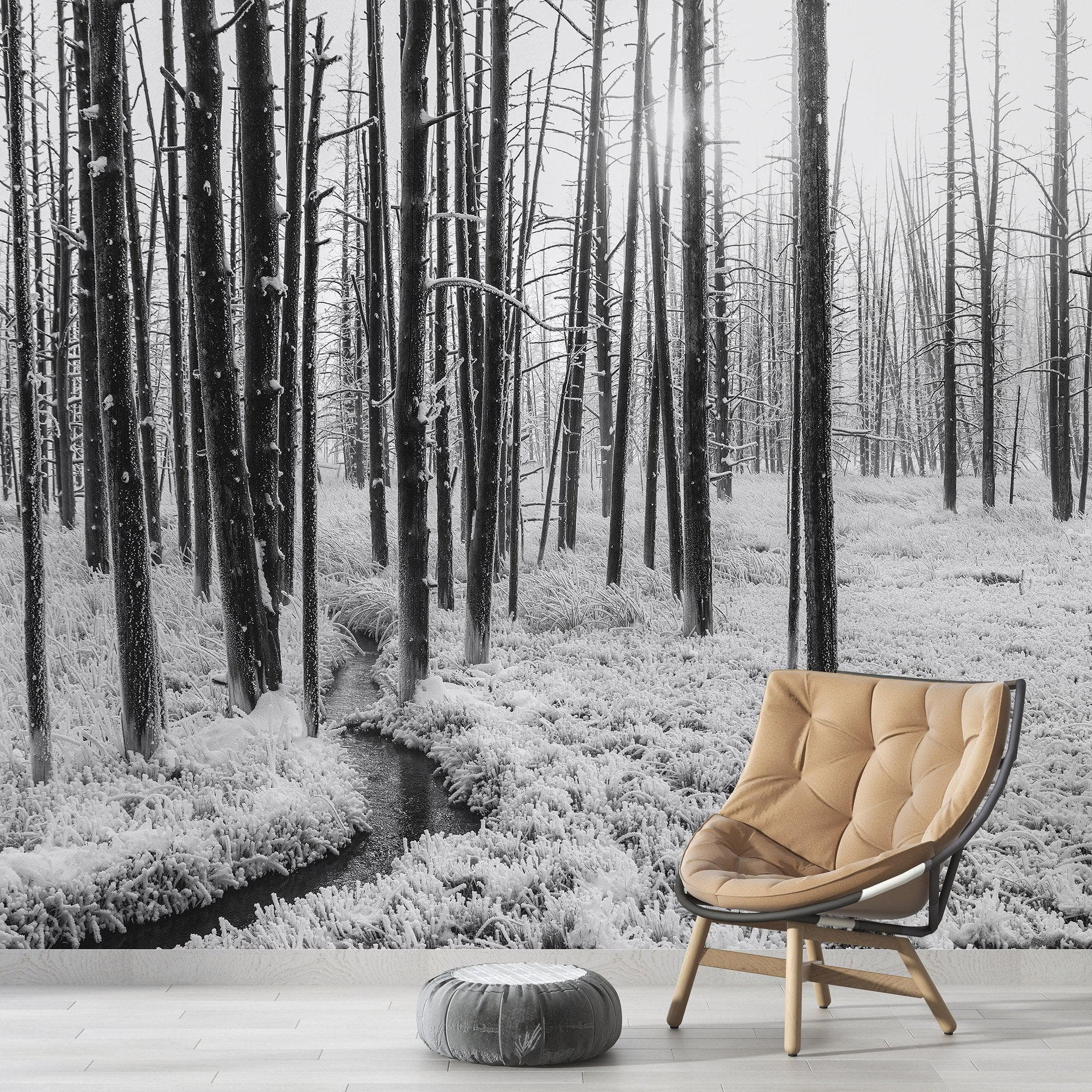 Mural de pared con paisaje forestal en blanco y negro. Papel pintado autoadhesivo. #6365