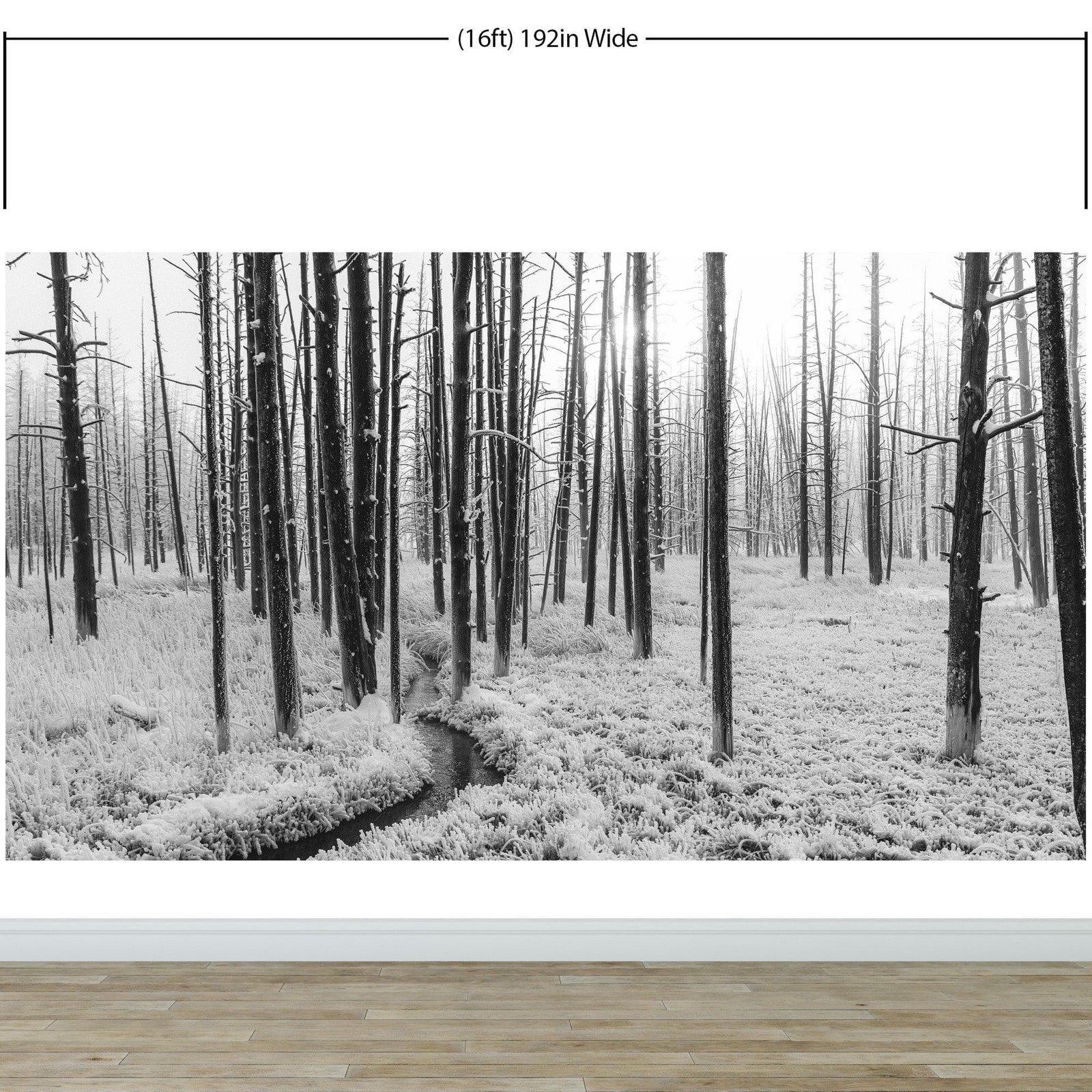 Mural de pared con paisaje forestal en blanco y negro. Papel pintado autoadhesivo. #6365