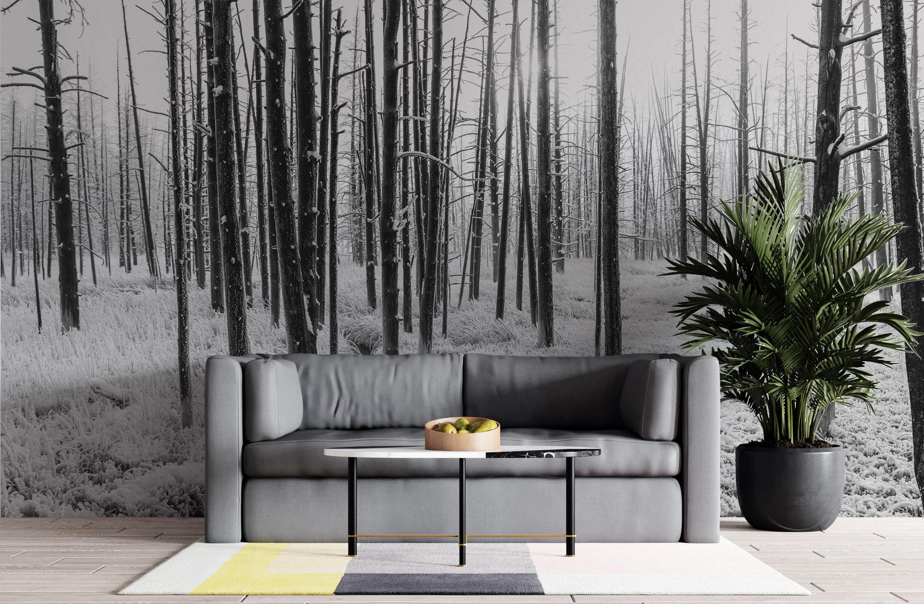 Mural de pared con paisaje forestal en blanco y negro. Papel pintado autoadhesivo. #6365