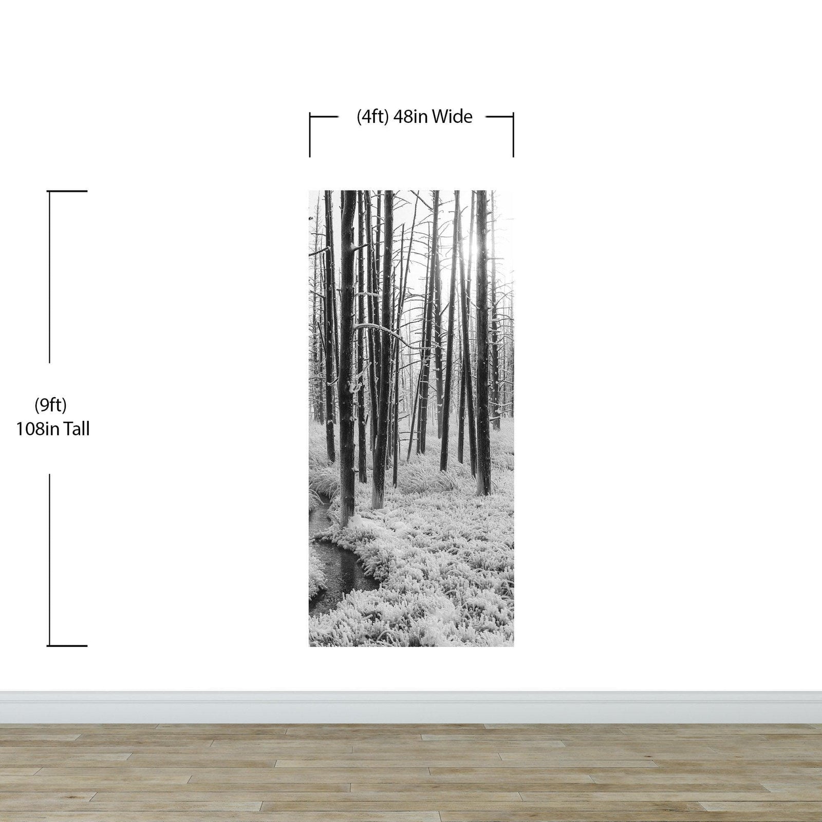 Mural de pared con paisaje forestal en blanco y negro. Papel pintado autoadhesivo. #6365