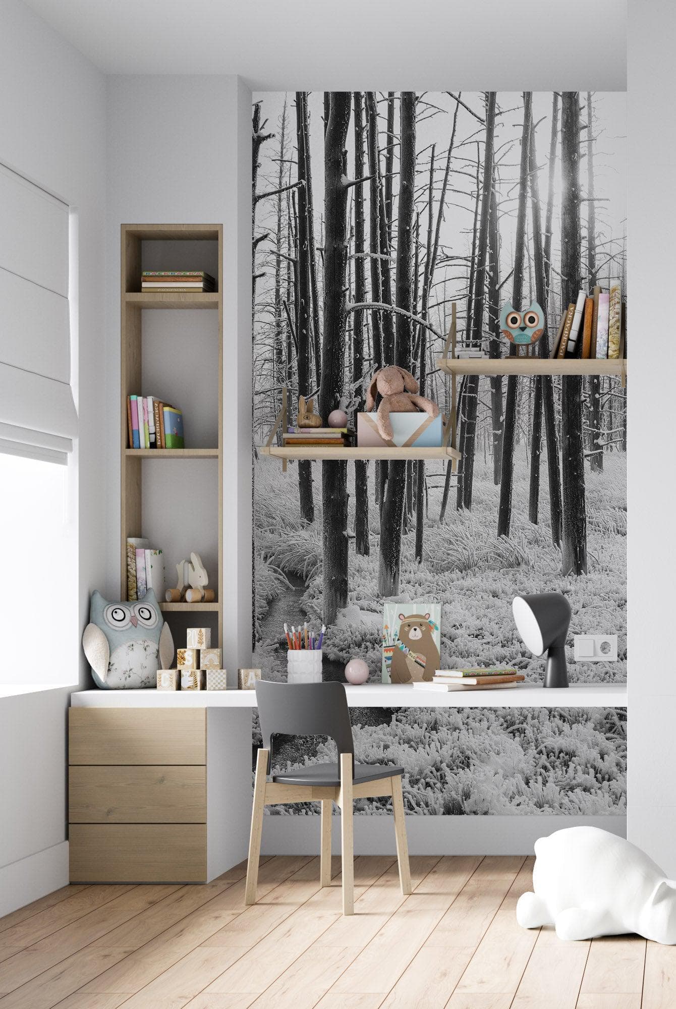 Mural de pared con paisaje forestal en blanco y negro. Papel pintado autoadhesivo. #6365