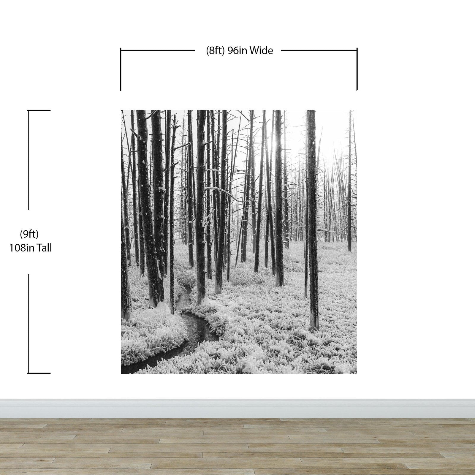 Mural de pared con paisaje forestal en blanco y negro. Papel pintado autoadhesivo. #6365
