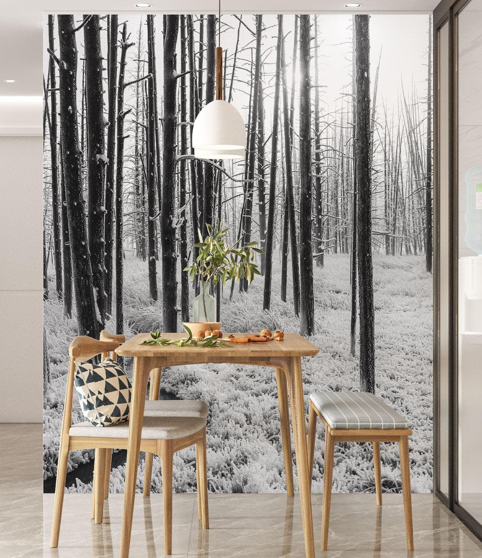 Mural de pared con paisaje forestal en blanco y negro. Papel pintado autoadhesivo. #6365