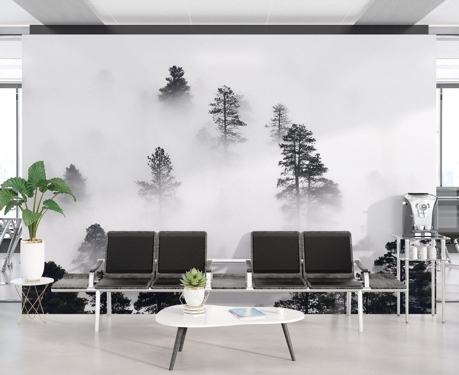 Mural de pared en blanco y negro con diseño de bosque brumoso. #6368