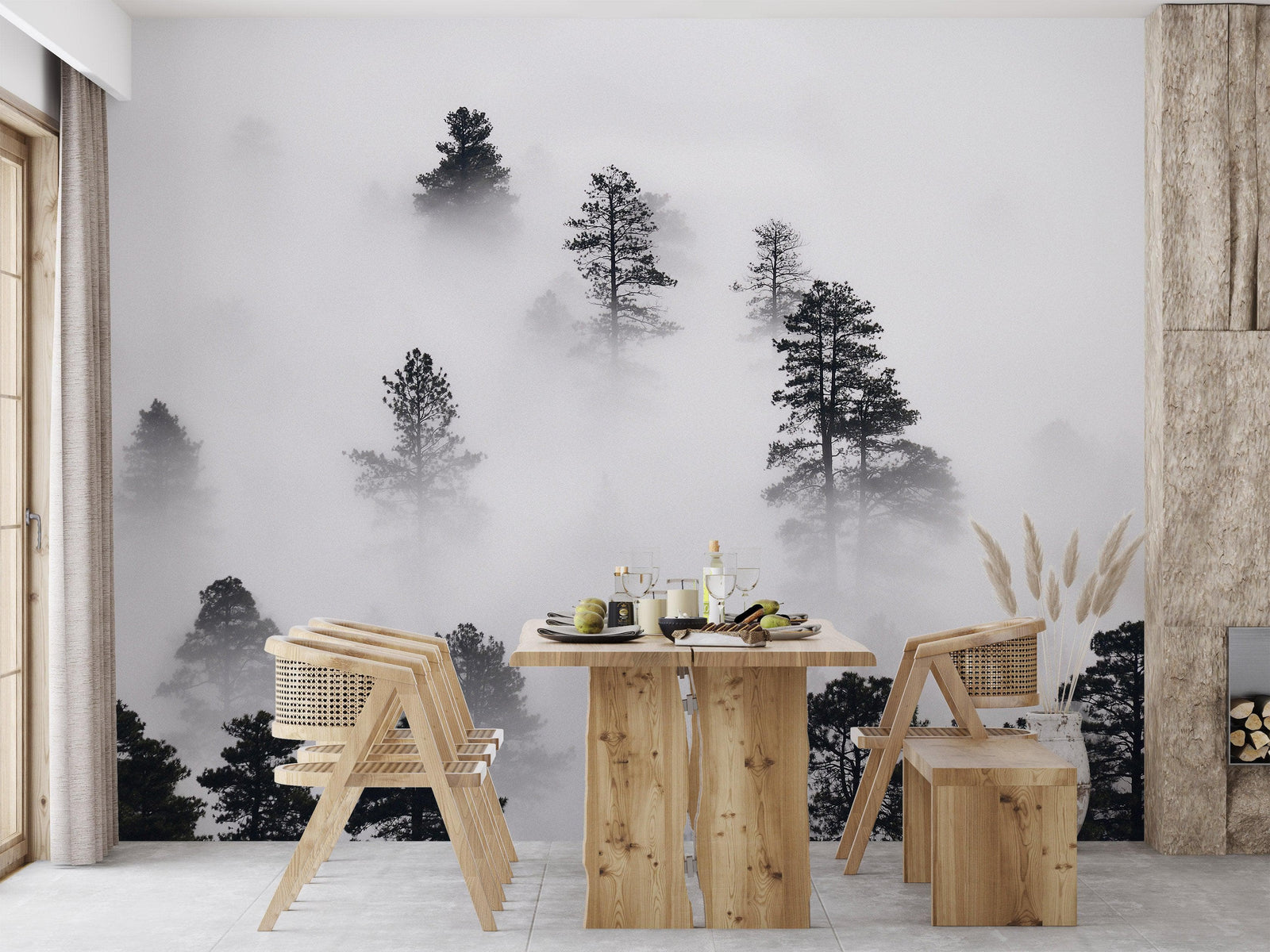 Mural de pared en blanco y negro con diseño de bosque brumoso. #6368