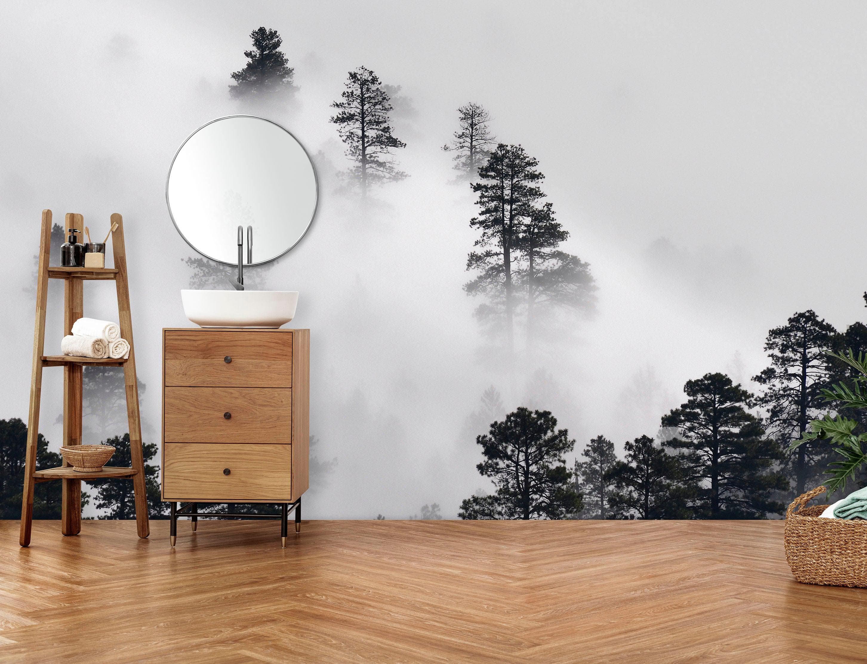 Mural de pared en blanco y negro con diseño de bosque brumoso. #6368