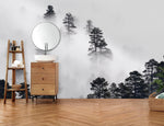 Mural de pared en blanco y negro con diseño de bosque brumoso. #6368