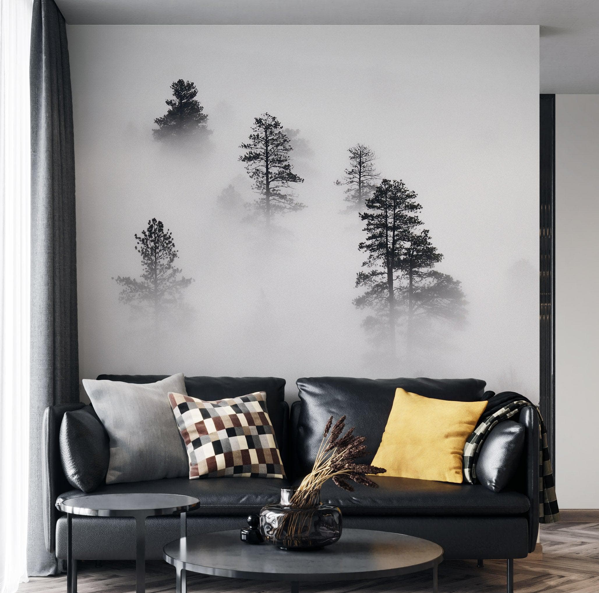 Mural de pared en blanco y negro con diseño de bosque brumoso. #6368
