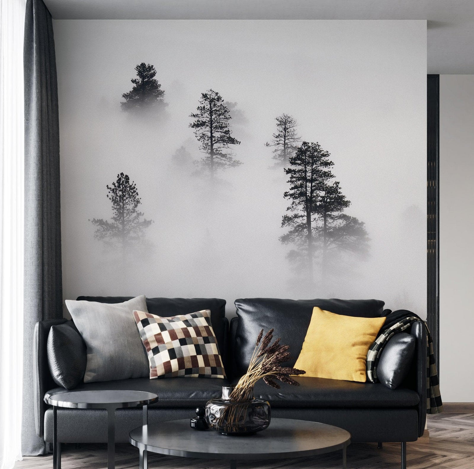 Mural de pared en blanco y negro con diseño de bosque brumoso. #6368