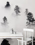 Mural de pared en blanco y negro con diseño de bosque brumoso. #6368