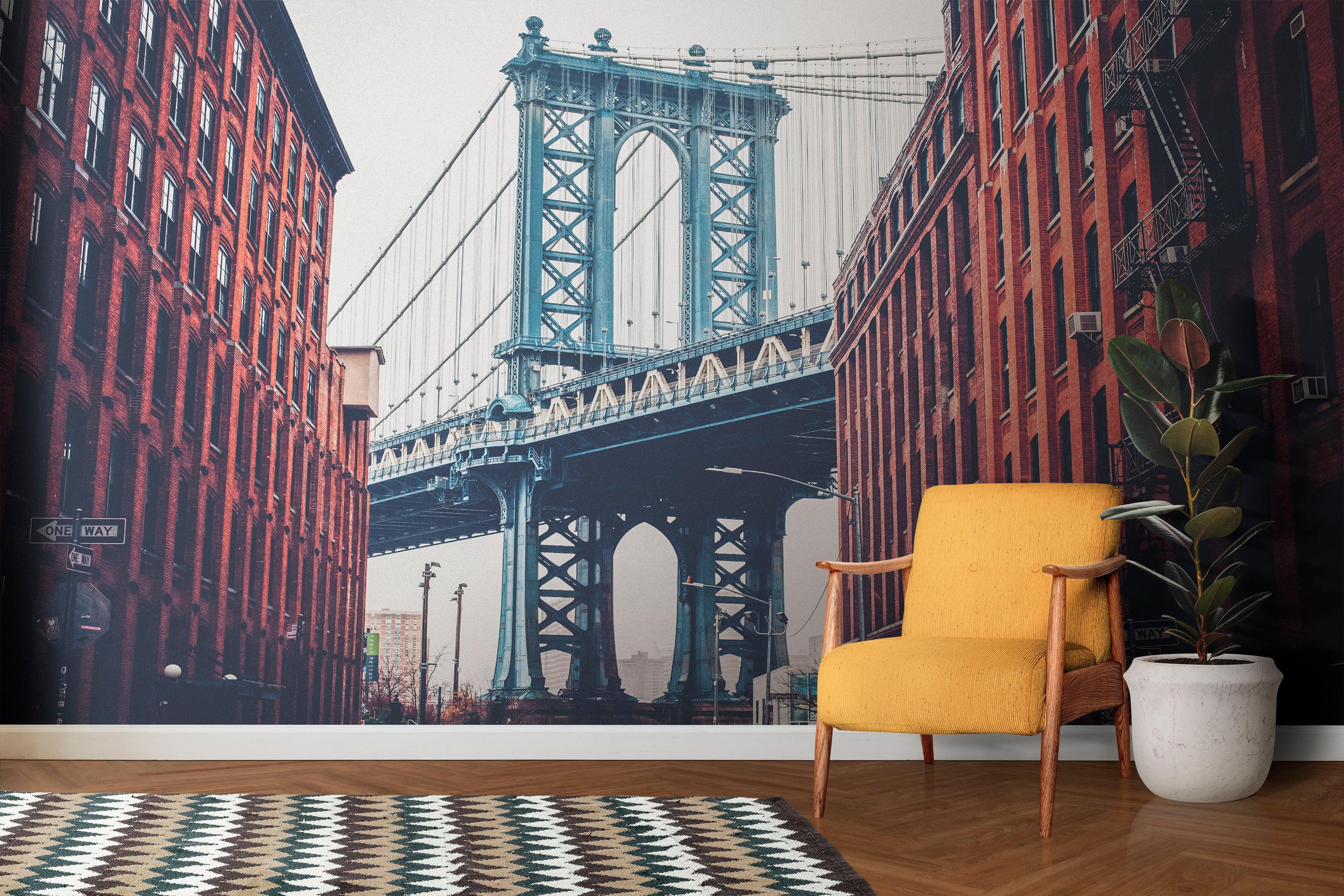 Mural de pared de la ciudad de Nueva York, papel tapiz autoadhesivo. Papel tapiz vintage de Dumbo NYC. Papel tapiz con paisaje de Brooklyn NY. #6369