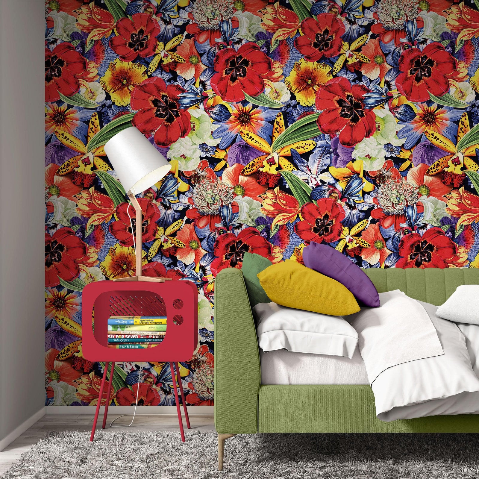 Mural de pared con flores de colores. Papel tapiz autoadhesivo con diseño floral tropical. N.º 6370
