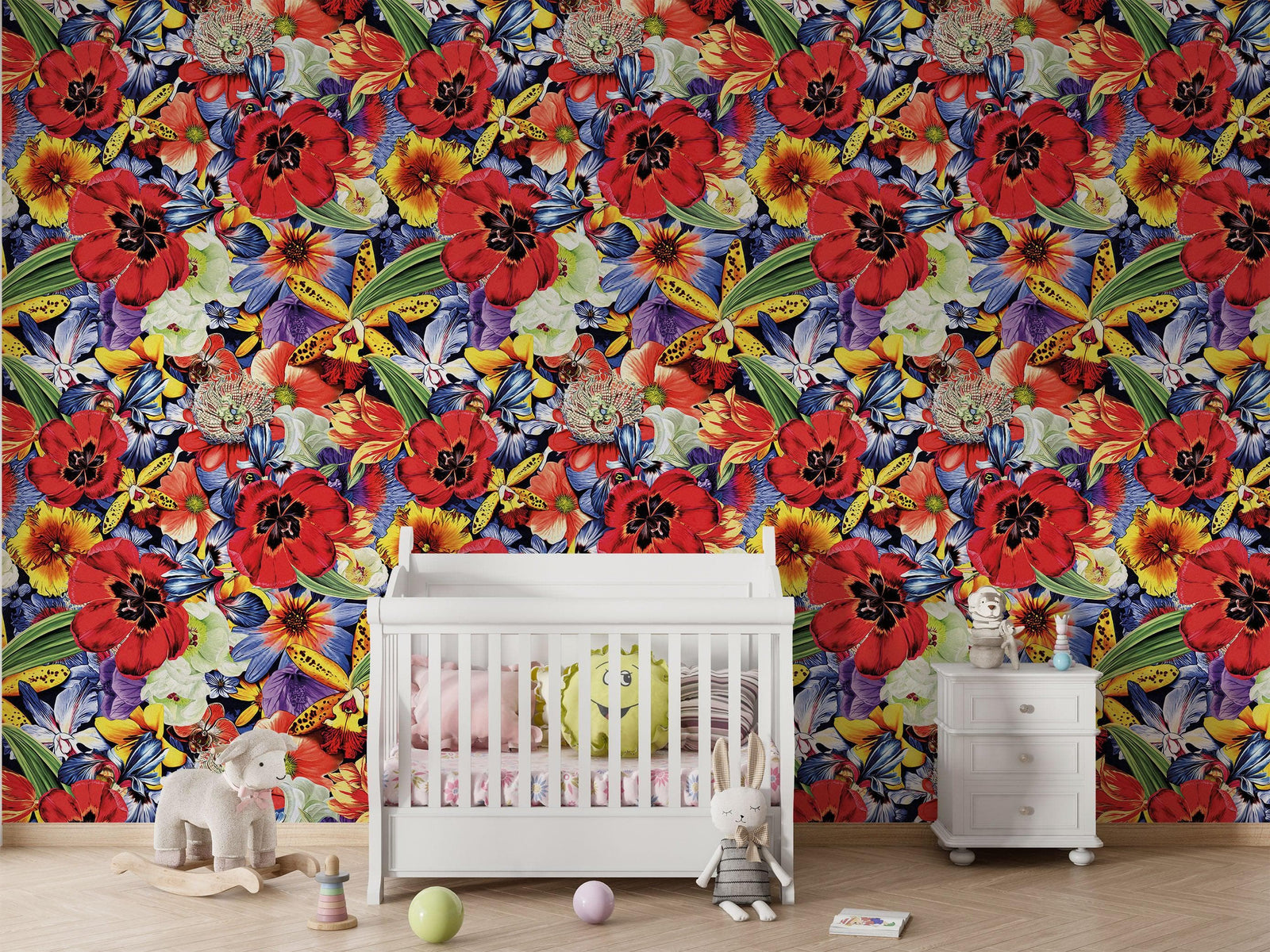 Mural de pared con flores de colores. Papel tapiz autoadhesivo con diseño floral tropical. N.º 6370
