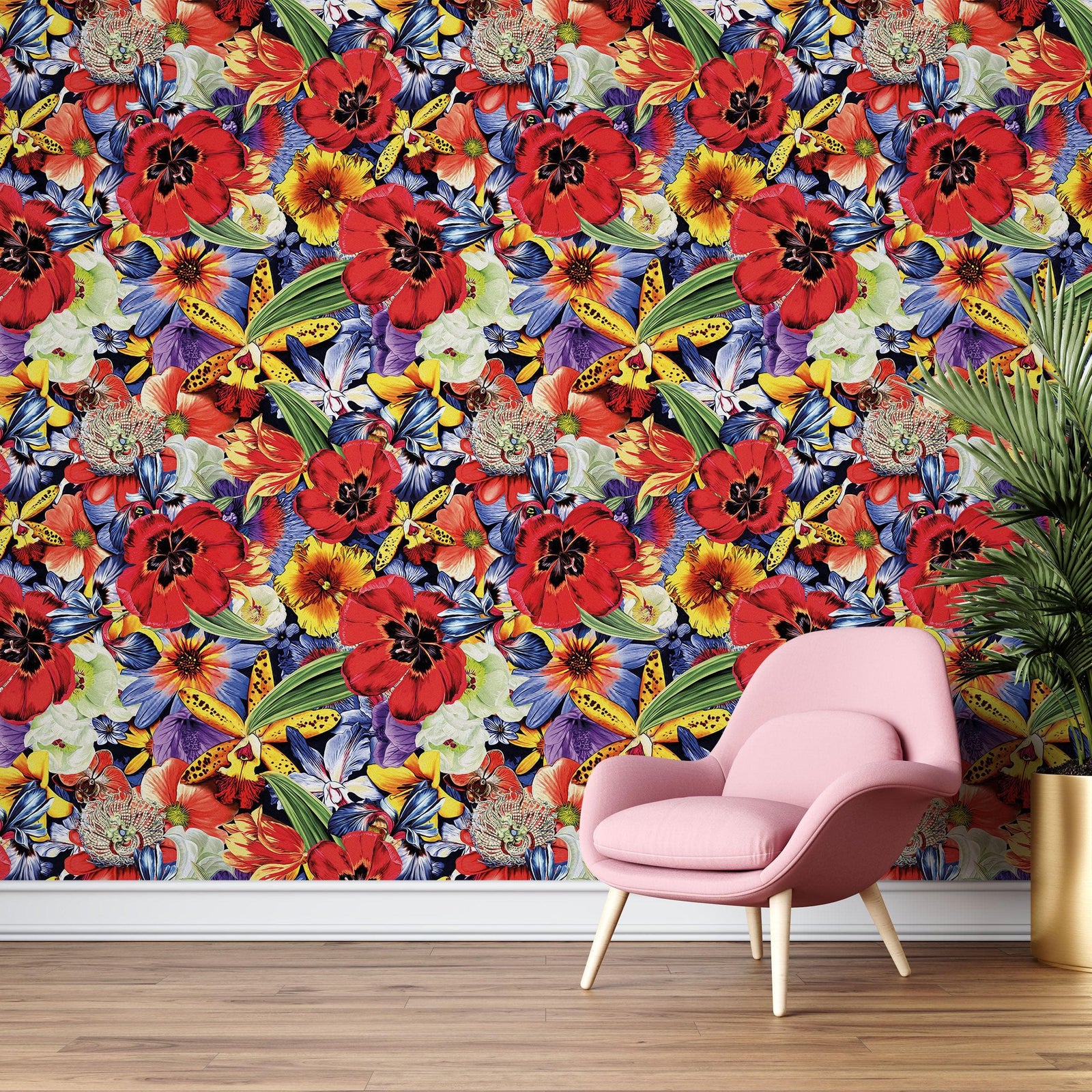 Mural de pared con flores de colores. Papel tapiz autoadhesivo con diseño floral tropical. N.º 6370