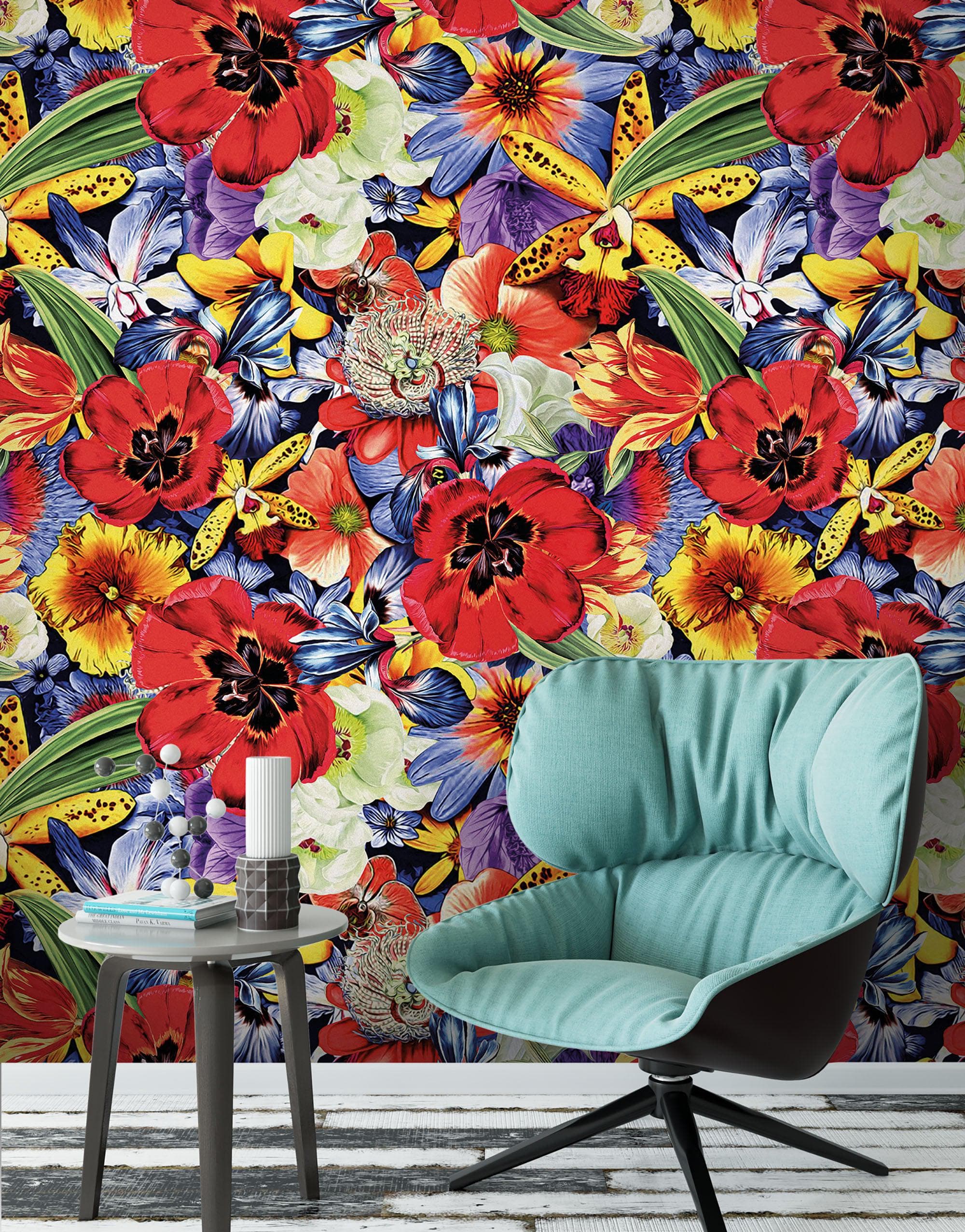 Mural de pared con flores de colores. Papel tapiz autoadhesivo con diseño floral tropical. N.º 6370